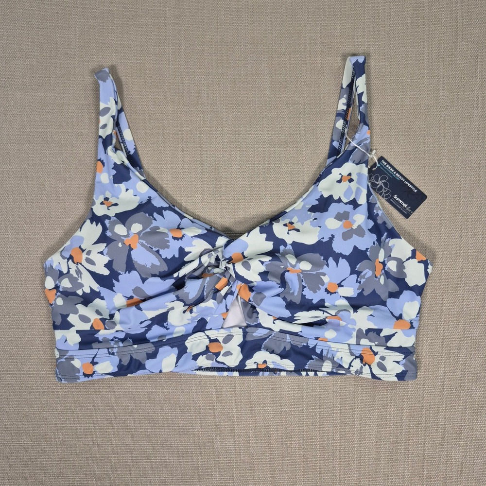 Summer Mae Floral Twist Front Bikini Top Blue White Orange Size 12 NWT
